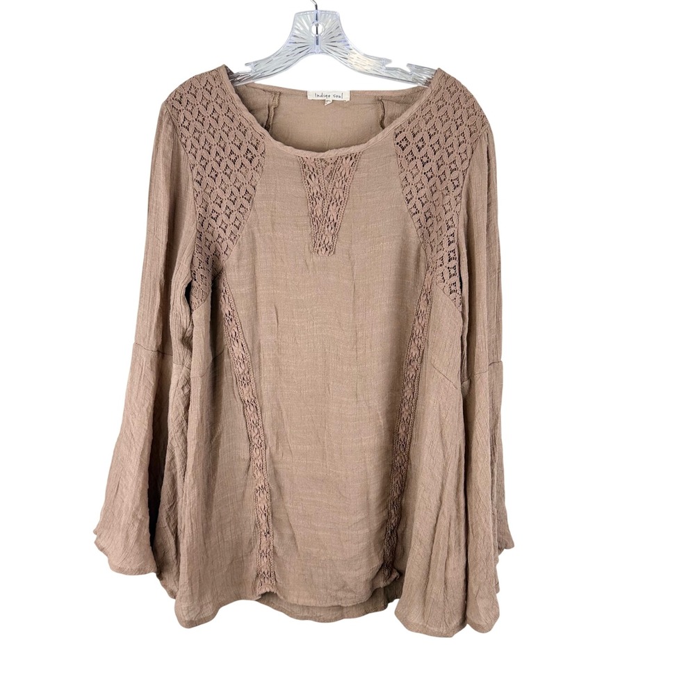 Indigo Soul 2XL Brown Boho Crochet Lace Bell Sleeve Blouse Top